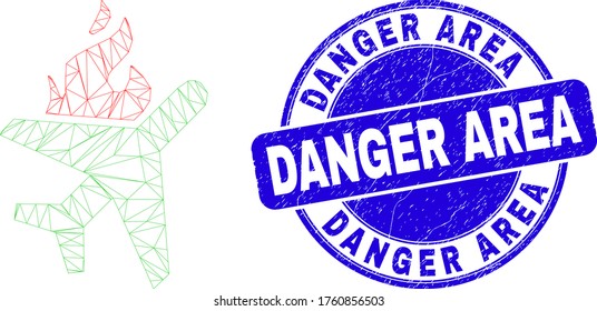 Web carcass fired airplane icon and Danger Area seal stamp. Blue vector rounded distress seal with Danger Area caption. Abstract carcass mesh polygonal model created from fired airplane pictogram.