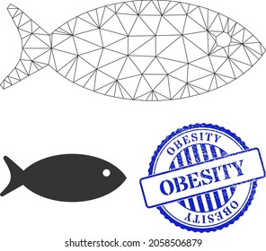Web carcass fish vector icon, and blue round OBESITY unclean stamp imitation. OBESITY imprint uses round form and blue color. Flat 2d carcass created from fish icon.