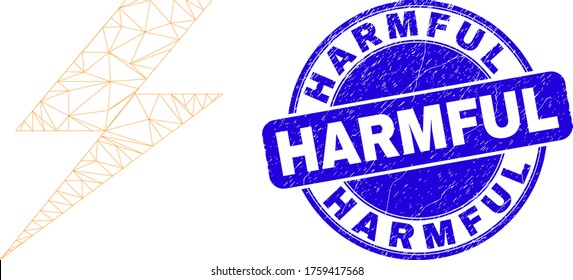 Web carcass flash icon and Harmful watermark. Blue vector round scratched watermark with Harmful phrase. Abstract carcass mesh polygonal model created from flash icon.