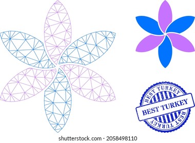 Web carcass flower vector icon, and blue round BEST TURKEY grunge stamp print. BEST TURKEY stamp seal uses round template and blue color. Flat 2d carcass created from flower icon.