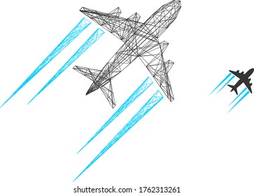 Web carcass flying airplane trace vector icon. Flat 2d carcass created from flying airplane trace pictogram. Abstract carcass mesh polygonal flying airplane trace.