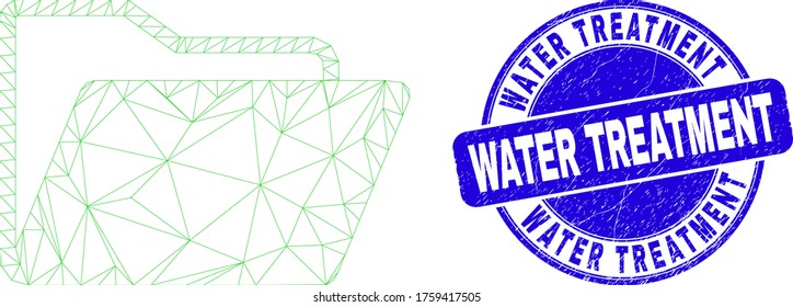 Web carcass folder pictogram and Water Treatment stamp. Blue vector round scratched seal stamp with Water Treatment text. Abstract carcass mesh polygonal model created from folder pictogram.