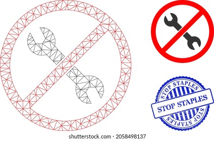 Web carcass forbidden repair vector icon, and blue round STOP STAPLES textured stamp imitation. STOP STAPLES stamp uses round form and blue color. Flat 2d model created from forbidden repair icon.