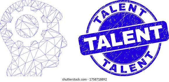 Web carcass gear thinking head icon and Talent seal stamp. Blue vector rounded grunge seal stamp with Talent caption. Abstract frame mesh polygonal model created from gear thinking head icon.