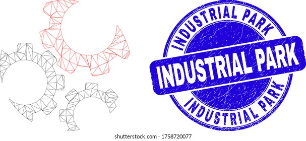 Web carcass gears pictogram and Industrial Park seal stamp. Blue vector rounded distress seal stamp with Industrial Park title. Abstract frame mesh polygonal model created from gears pictogram.
