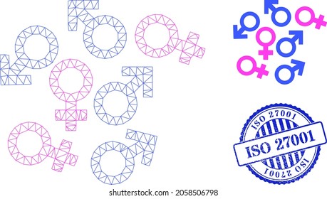 Web carcass gender symbols vector icon, and blue round ISO 27001 dirty stamp. ISO 27001 stamp seal uses round template and blue color. Flat 2d carcass created from gender symbols pictogram.