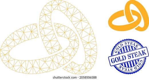 Icono vectorial de los anillos de oro de la canal de la red y sello corroído de GOLD STEAK redondo azul. El sello GOLD STEAK utiliza formas redondeadas y color azul. Carcasa plana 2d creada a partir del icono de los anillos de oro.