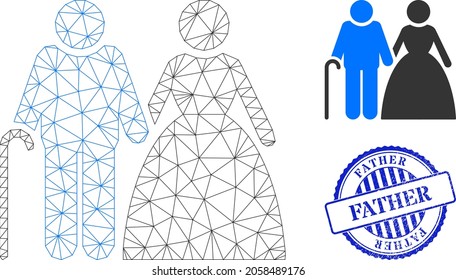 Web carcass grandparents couple vector icon, and blue round FATHER grunge stamp print. FATHER stamp uses round template and blue color. Flat 2d carcass created from grandparents couple icon.