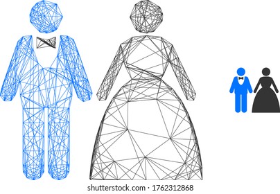 Web carcass groom with bride vector icon. Flat 2d model created from groom with bride pictogram. Abstract carcass mesh polygonal groom with bride. Net carcass 2D mesh in vector format,