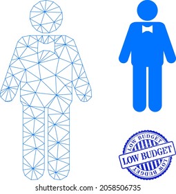 Web carcass groom vector icon, and blue round LOW BUDGET grunge stamp print. LOW BUDGET stamp uses round shape and blue color. Flat 2d carcass created from groom pictogram.
