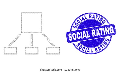 Web carcass hierarchy icon and Social Rating seal stamp. Blue vector round scratched seal stamp with Social Rating text. Abstract frame mesh polygonal model created from hierarchy icon.
