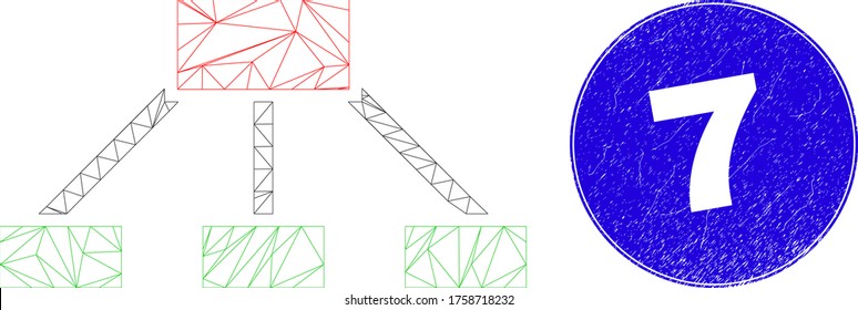 Web carcass hierarchy links icon and 7 seal stamp. Blue vector rounded scratched seal stamp with 7 text. Abstract frame mesh polygonal model created from hierarchy links icon.