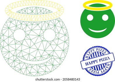 Web carcass holy smiley vector icon, and blue round HAPPY PIZZA rubber stamp. HAPPY PIZZA watermark uses round shape and blue color. Flat 2d carcass created from holy smiley icon.