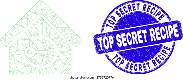 Web carcass home keyhole icon and Top Secret Recipe seal. Blue vector rounded grunge seal stamp with Top Secret Recipe phrase. Abstract frame mesh polygonal model created from home keyhole icon.