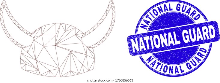 Web carcass horned helmet pictogram and National Guard seal stamp. Blue vector round scratched seal stamp with National Guard phrase.