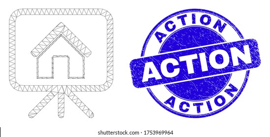 Web carcass house project board icon and Action seal stamp. Blue vector rounded textured stamp with Action phrase. Abstract carcass mesh polygonal model created from house project board icon.