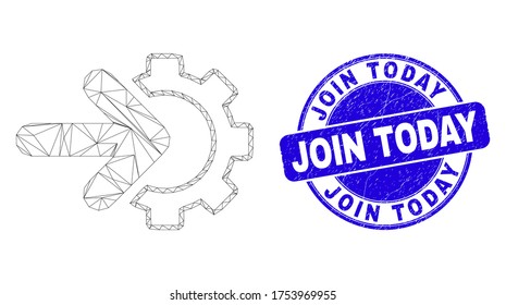 Web carcass integration gear icon and Join Today seal stamp. Blue vector round textured seal stamp with Join Today phrase. Abstract carcass mesh polygonal model created from integration gear icon.