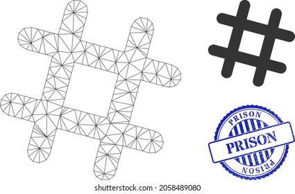 Web carcass jail grid vector icon, and blue round PRISON textured stamp imitation. PRISON stamp uses round template and blue color. Flat 2d carcass created from jail grid icon.