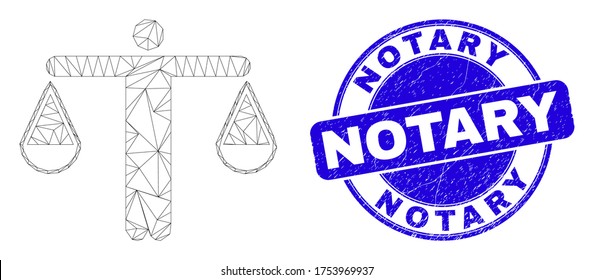 Web carcass judge pictogram and Notary watermark. Blue vector rounded textured watermark with Notary text. Abstract frame mesh polygonal model created from judge pictogram.