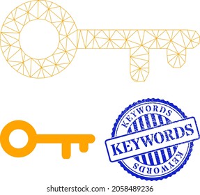 Web carcass key vector icon, and blue round KEYWORDS corroded stamp print. KEYWORDS stamp uses round form and blue color. Flat 2d carcass created from key icon. Abstract carcass mesh polygonal key.