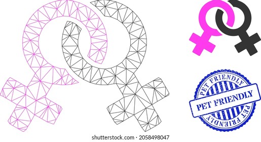 Web carcass lesbian symbol vector icon, and blue round PET FRIENDLY scratched stamp seal. PET FRIENDLY watermark uses round shape and blue color. Flat 2d carcass created from lesbian symbol icon.