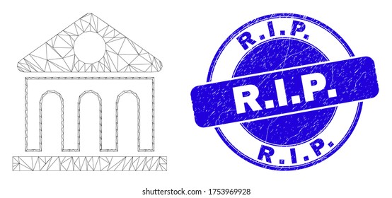 Web carcass library building pictogram and R.I.P. seal stamp. Blue vector rounded grunge seal stamp with R.I.P. message. Abstract carcass mesh polygonal model created from library building icon.