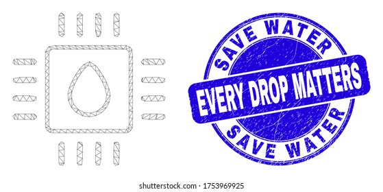 Web carcass liquid processor pictogram and Save Water Every Drop Matters seal stamp. Blue vector round grunge seal stamp with Save Water Every Drop Matters title.