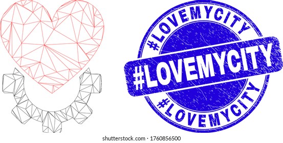 Web carcass love gear icon and #Lovemycity seal stamp. Blue vector round distress seal with #Lovemycity title. Abstract carcass mesh polygonal model created from love gear icon.