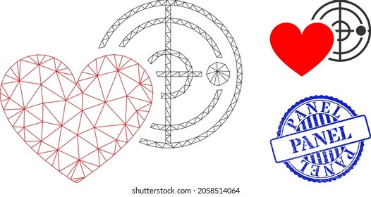 Web carcass love heart radar vector icon, and blue round PANEL grunge stamp print. PANEL stamp uses round template and blue color. Flat 2d carcass created from love heart radar icon.