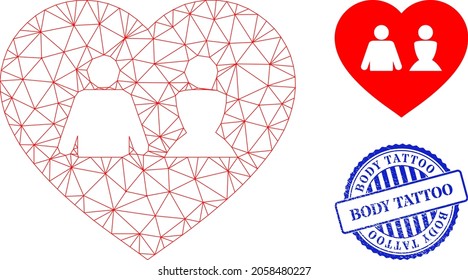 Web carcass love heart vector icon, and blue round BODY TATTOO grunge stamp seal. BODY TATTOO seal uses round template and blue color. Flat 2d carcass created from love heart icon.