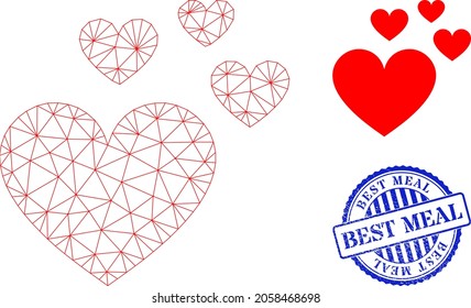 Web carcass love hearts vector icon, and blue round BEST MEAL scratched stamp print. BEST MEAL stamp seal uses round shape and blue color. Flat 2d carcass created from love hearts pictogram.