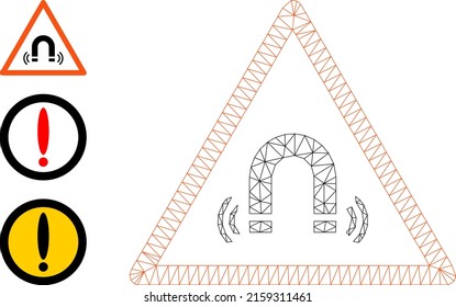 Web carcass magnet field warning vector icon, and source icons. Flat 2d carcass created from magnet field warning pictogram. Abstract carcass mesh polygonal magnet field warning.