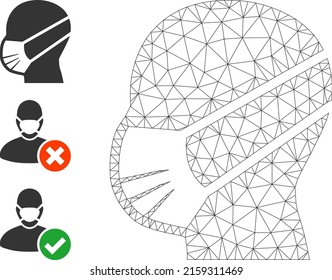 Web carcass man covid mask vector icon, and bonus icons. Flat 2d model created from man covid mask pictogram. Abstract carcass mesh polygonal man covid mask. Net carcass flat mesh in vector format,