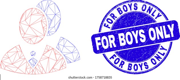 Web carcass managers pictogram and For Boys Only stamp. Blue vector round grunge stamp with For Boys Only caption. Abstract carcass mesh polygonal model created from managers pictogram.