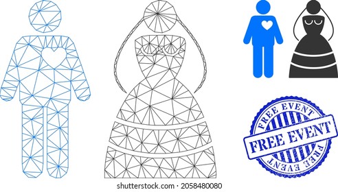 Casas de la web, personas de matrimonio, icono vector, y sello rayado de la ronda azul FREE EVENT. El sello GRATIS de EVENTO utiliza una plantilla redonda y color azul. Carcasa plana de 2d creada a partir del pictograma de personas casadas.