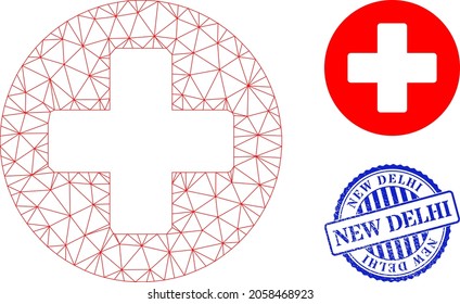 Web carcass medicine vector icon, and blue round NEW DELHI dirty stamp imitation. NEW DELHI stamp uses round form and blue color. Flat 2d model created from medicine icon.