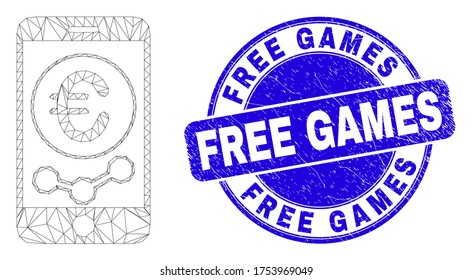 Web carcass mobile euro chart icon and Free Games watermark. Blue vector round distress seal stamp with Free Games phrase. Abstract carcass mesh polygonal model created from mobile euro chart icon.