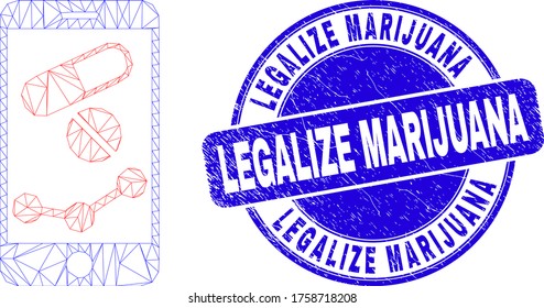 Icono de la gráfica de farmacia móvil de la canal web y sello de marihuana legalize. Sello de distrés redondeado de vector azul con frase de marihuana legalizada.