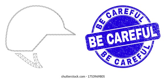 Web carcass motorcycle helmet icon and Be Careful stamp. Blue vector round grunge seal with Be Careful caption. Abstract carcass mesh polygonal model created from motorcycle helmet icon.