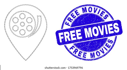 Web Carcass Movie Map Marker Icon And Free Movies Seal Stamp. Blue Vector Rounded Textured Seal Stamp With Free Movies Caption.