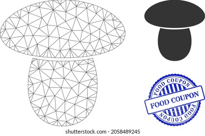 Icono vectorial de hongos de canal web, y marca de agua corroída FOOD COUPON azul redondo. La marca de agua FOOD COUPON utiliza formas redondeadas y color azul. Modelo plano 2d creado a partir del icono de hongos.