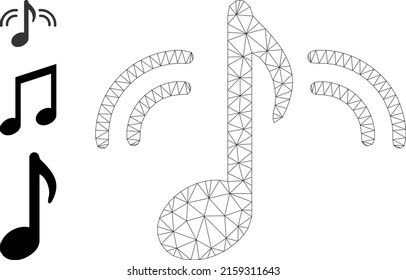 Web carcass music vector icon, and bonus icons. Flat 2d model created from music pictogram. Abstract carcass mesh polygonal music. Linear carcass flat mesh in vector format, on a white background.