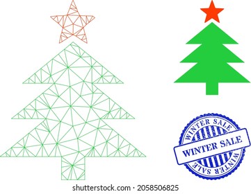 Web carcass new year tree vector icon, and blue round WINTER SALE textured watermark. WINTER SALE imprint uses round template and blue color. Flat 2d carcass created from new year tree icon.