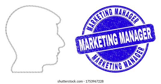 Web carcass operator head pictogram and Marketing Manager stamp. Blue vector rounded grunge stamp with Marketing Manager phrase. Abstract frame mesh polygonal model created from operator head icon.