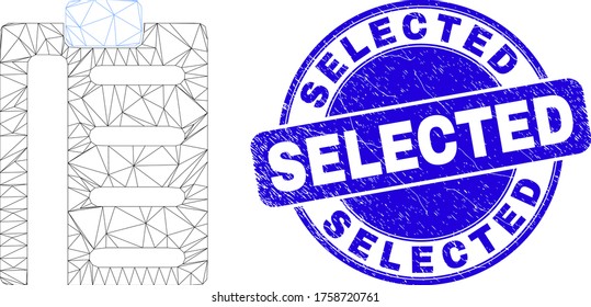 Web carcass pad list items pictogram and Selected stamp. Blue vector round textured seal stamp with Selected title. Abstract carcass mesh polygonal model created from pad list items pictogram.