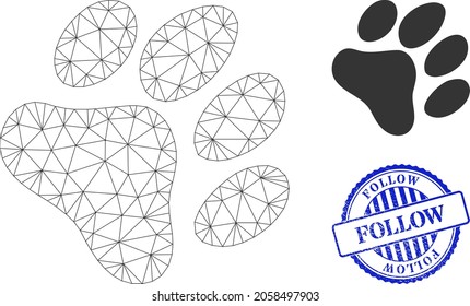 Web carcass paw footprint vector icon, and blue round FOLLOW rubber stamp print. FOLLOW stamp seal uses round template and blue color. Flat 2d model created from paw footprint icon.