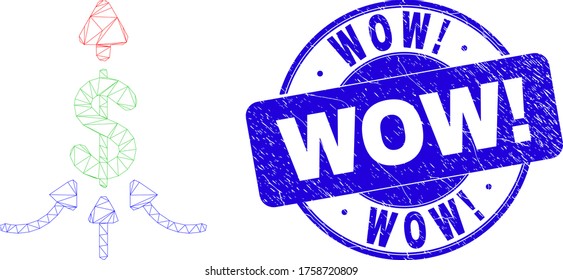 Web carcass payment aggregator icon and Wow! seal stamp. Blue vector rounded textured watermark with Wow! message. Abstract carcass mesh polygonal model created from payment aggregator icon.