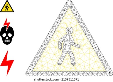 El hombre de la canal web es un icono del vector de peligro y los iconos originales. Carcasa plana de 2d creada a partir del pictograma de peligro de hombre peatonal. Resumen de la malla de la canal malla del hombre peatonal poligonal peligro.