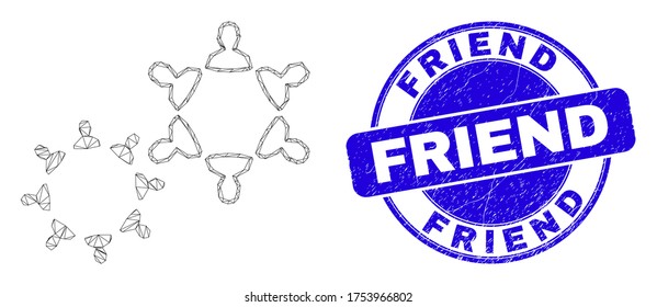 Web carcass people collaborations icon and Friend seal stamp. Blue vector round distress seal with Friend phrase. Abstract carcass mesh polygonal model created from people collaborations icon.