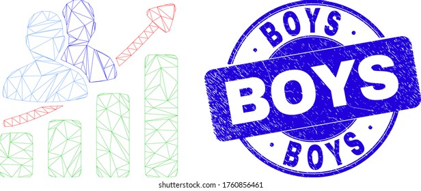 Web carcass people trend chart pictogram and Boys seal. Blue vector rounded textured stamp with Boys phrase. Abstract carcass mesh polygonal model created from people trend chart pictogram.